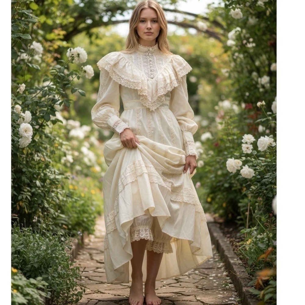 Vintage Gunne Sax Romantic Renaissance Bridal Dress & Gunnies Bloomers Set Ivory